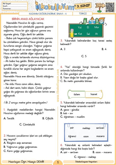 3 sınıf türkçe değerlendirme sınavı